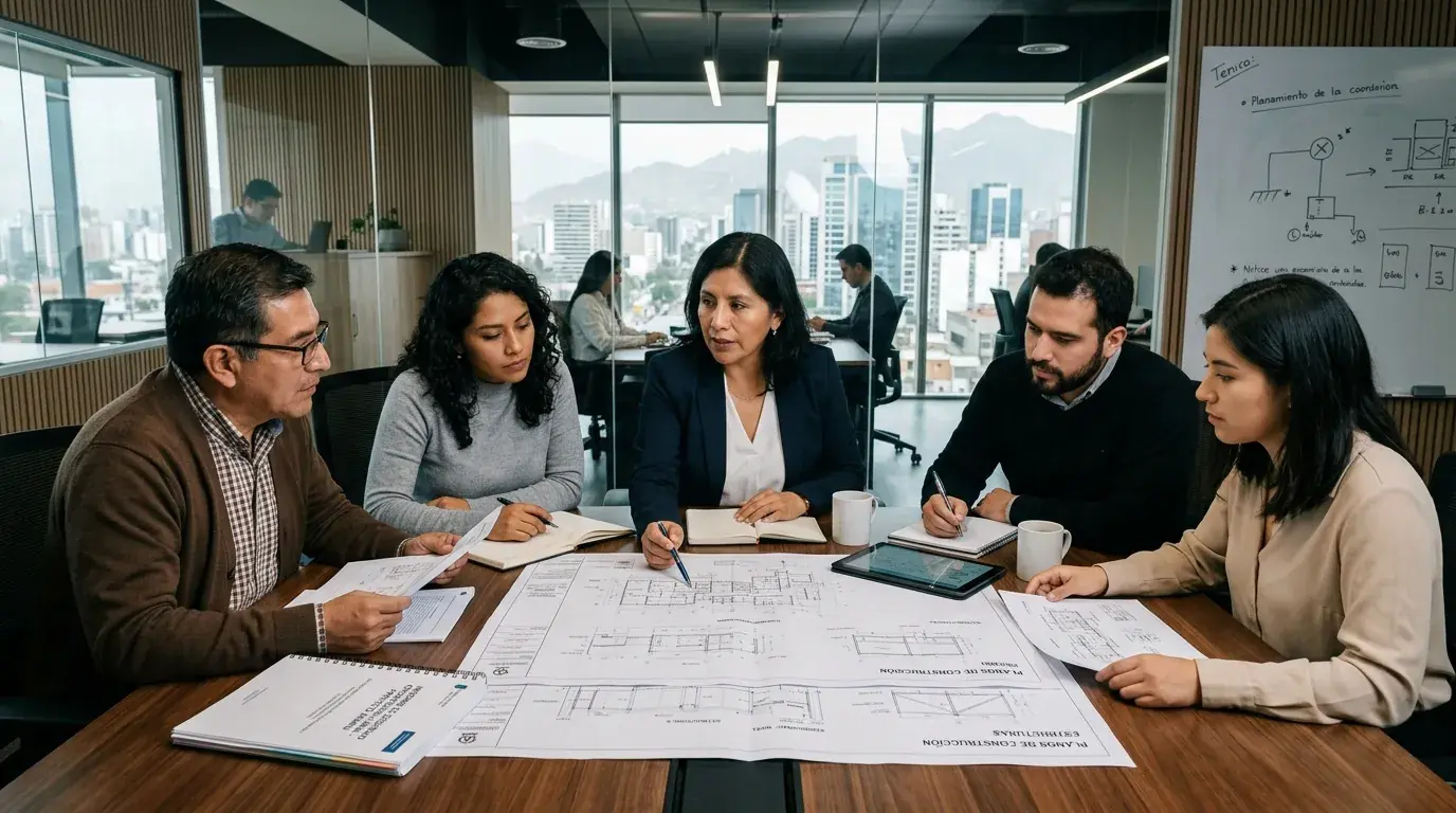 Grupo Inproser engineering team analyzing technical solutions in a modern office.